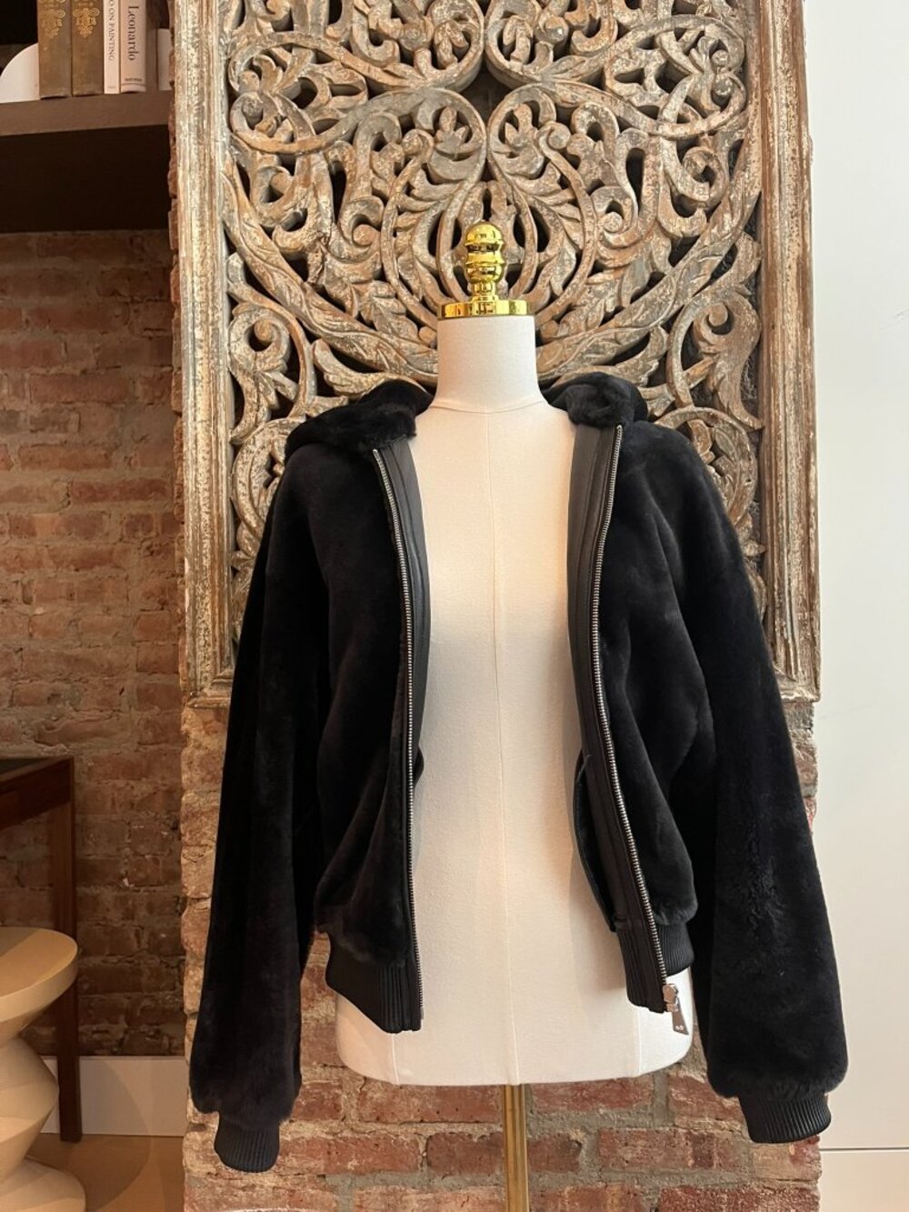 Ports 1961 Gray Leather Plush Shearling Bomber Jacket